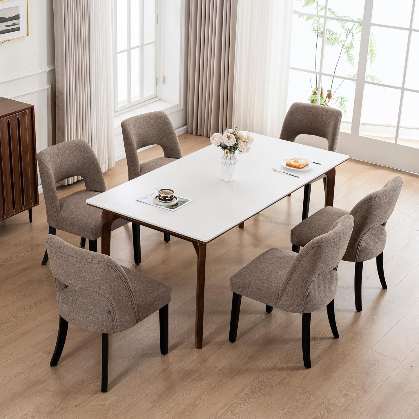 VKNOW Wooden Dining Chairs Set of 6, Modern Fabric Upholstered Dining Room Chair Kitchen Chairs, Farmhouse Dinner Chair for Kitchen Dining Room, Brown-Black Legs