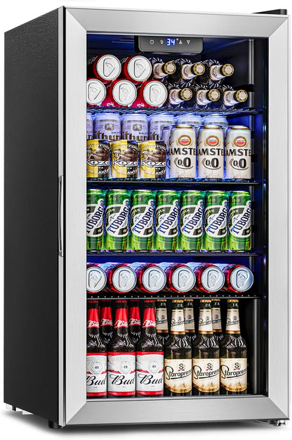 Feelfunn Beverage Refrigerator Cooler - 126 Can Mini Fridge Glass Door for Drinks Soda Beer Wine - Small Refrigerator for Office Bedroom Home Bar, 4 Adjustable Shelves, 3.2 Cu.Ft, Silver
