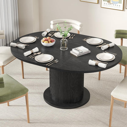 43.3 inch 59 inch Adjustable Size Round Dining Table for 4 6, Unique Design Modern Farmhouse Kitchen Table, Circle Dining Tables with Wood Strip Base for Kitchen Living Room (Black)