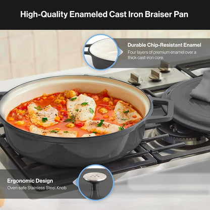 Misen 5.5 QT Braiser – Enameled Cast Iron Pan for Searing, Braising & Slow Cooking – No-Chip Enamel Coating – Extra-Wide Handles – Superior Heat Retention & Even Cooking - Black