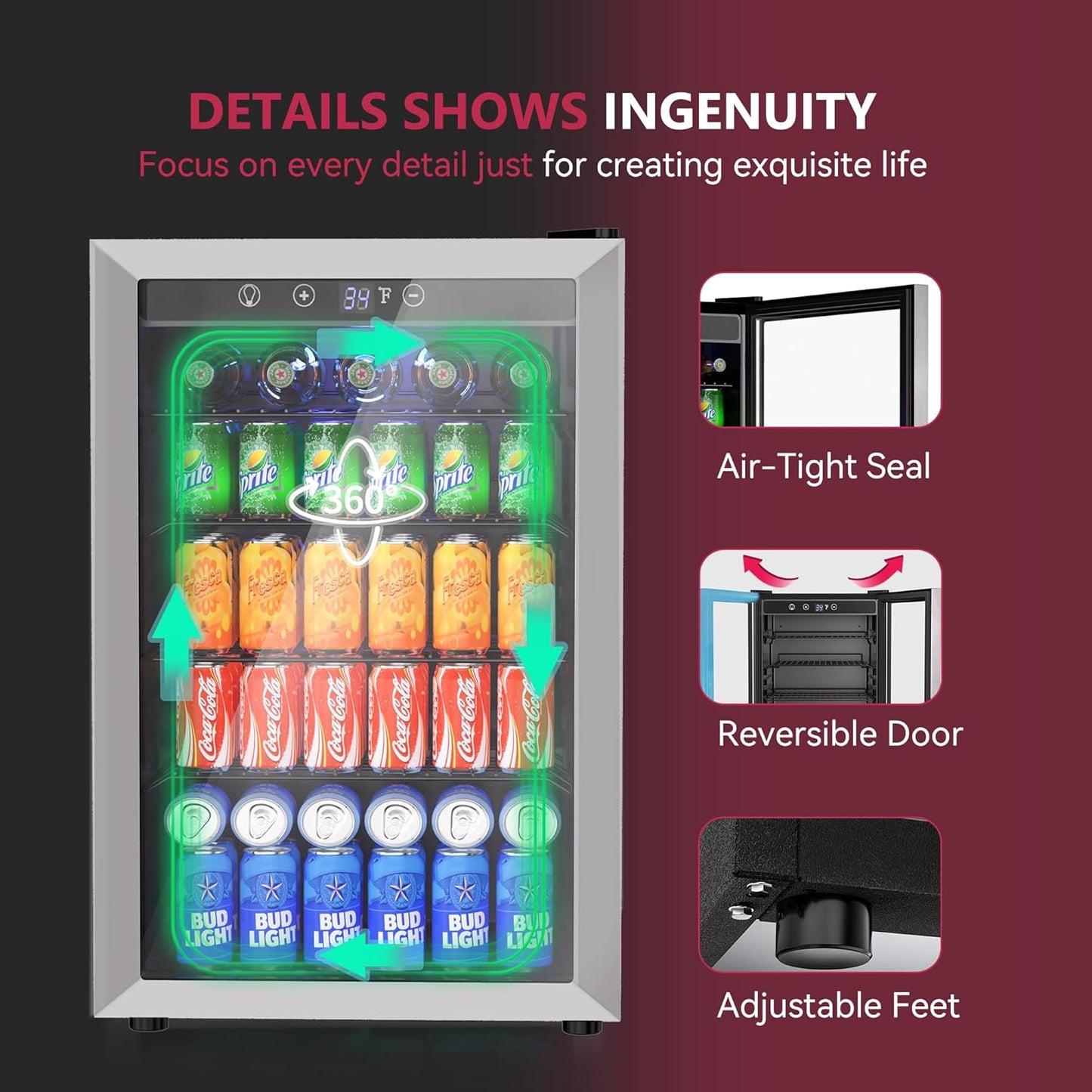 Icyglee 4.5 Cu.ft Beverage Refrigerator Cooler, 145 Can Mini Fridge with Digital Temperature Display for Soda Beer Wine, Freestanding beverage fridge with Adjustable Shelving for Home Office Bar
