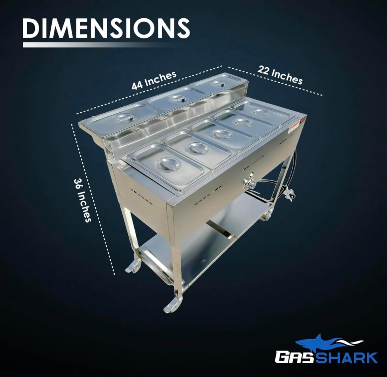 5 Pan Steam Table Food Warmer Cart | Heavy Duty Commercial Stainless Steel | Portable 4 Wheels | Outdoor Propane | 3 Condiment Containers | 8 Total Standard 1/3 Pans (12” x 6” x 4”) | CSA Approved | Catering, Home, and Backyard Use