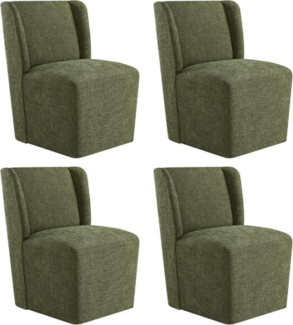 KISLOT Upholstered Dining Chairs Set of 4 with Casters, Wingback Modern Side Armless Deskchair with Rollers for Diningroom Bedroom Livingroom Reading Room, Green Fabric