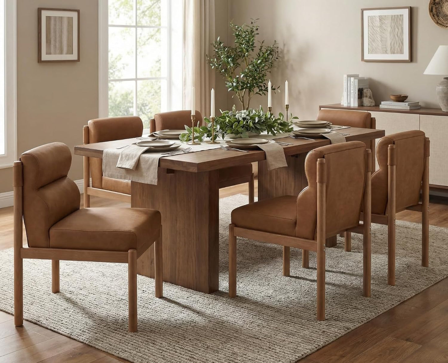 CIMOTA Modern Upholstered Dining Chairs Set of 6, Faux Leather Kitchen & Dining Room Chairs Boucle Armless Side Chairs with Curved Backrest/Solid Wood Legs, PU Brown