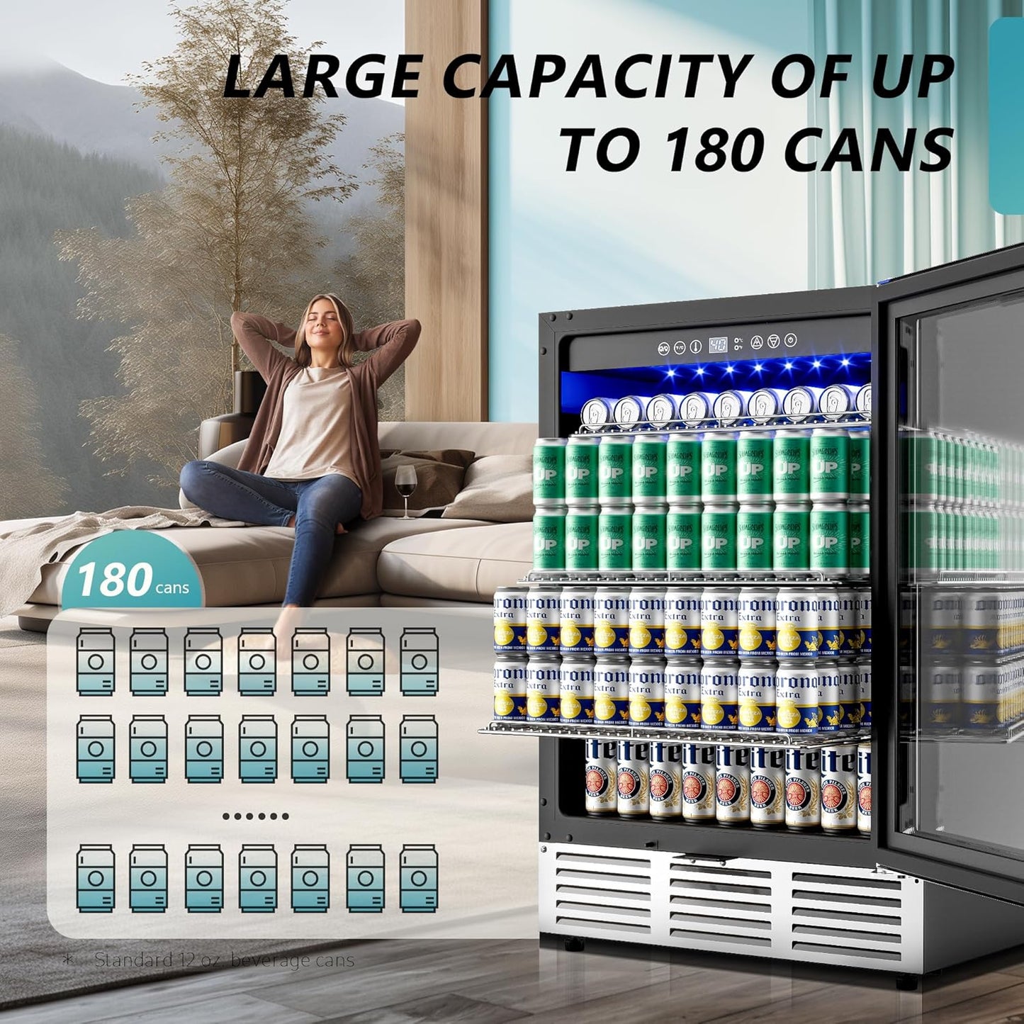 EUHOMY 24 Inch Beverage Refrigerator, 180 Can Built-in Beverage Cooler, Under Counter Beer Fridge with Glass Door for Soda, Water, Wine - For Kitchen, Bar or Office