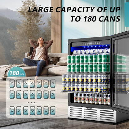 EUHOMY 24 Inch Beverage Refrigerator, 180 Can Built-in Beverage Cooler, Under Counter Beer Fridge with Glass Door for Soda, Water, Wine - For Kitchen, Bar or Office
