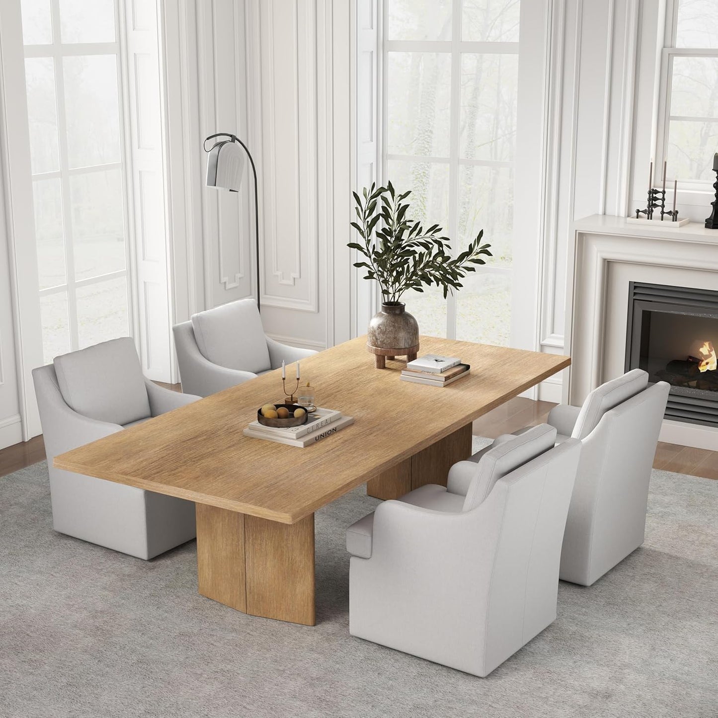 VKNOW Upholstered Dining Chairs Set of 4, Modern Kitchen Chairs Dinner Chairs with 4 Casters, Chenille Armchair for Bedroom Reading Room Living Room, Light Grey
