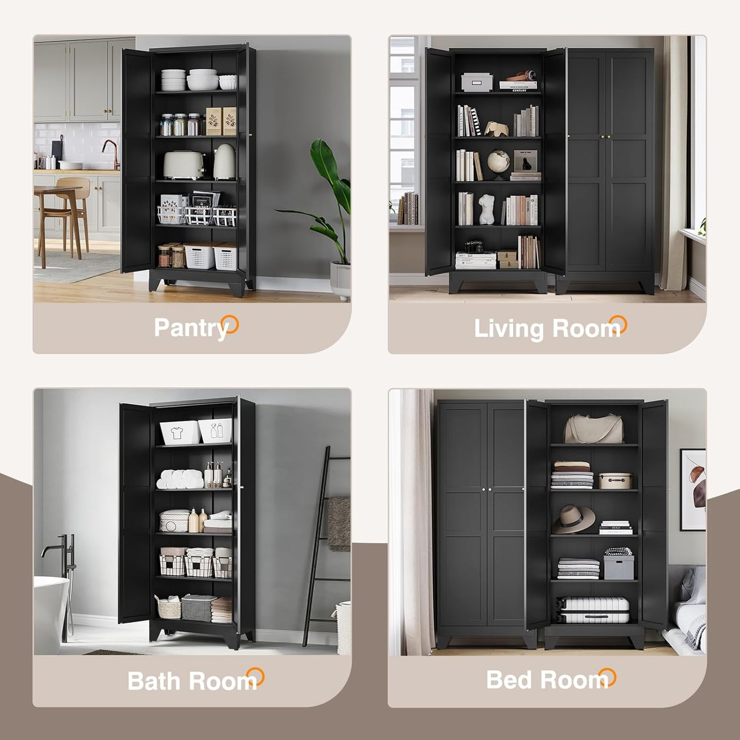 Yizosh Metal Pantry Cabinet, 75" Kitchen Pantry with 2 Door and 4 Adjustable Shelves,Black Metal Pantry Storage Cabinet,Cupboard for Kitchen,Dining Room,Living Room and Bathroom