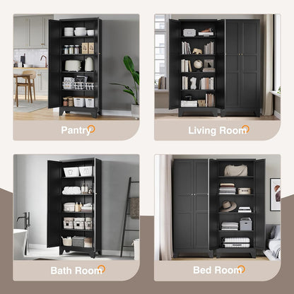 Yizosh Metal Pantry Cabinet, 75" Kitchen Pantry with 2 Door and 4 Adjustable Shelves,Black Metal Pantry Storage Cabinet,Cupboard for Kitchen,Dining Room,Living Room and Bathroom
