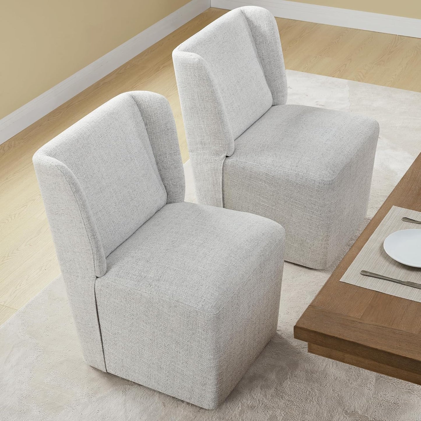 KISLOT Upholstered Dining Chairs Set of 4 with Casters, Wingback Modern Side Armless Deskchair with Rollers for Diningroom Bedroom Livingroom Reading Room, Light Grey Fabric