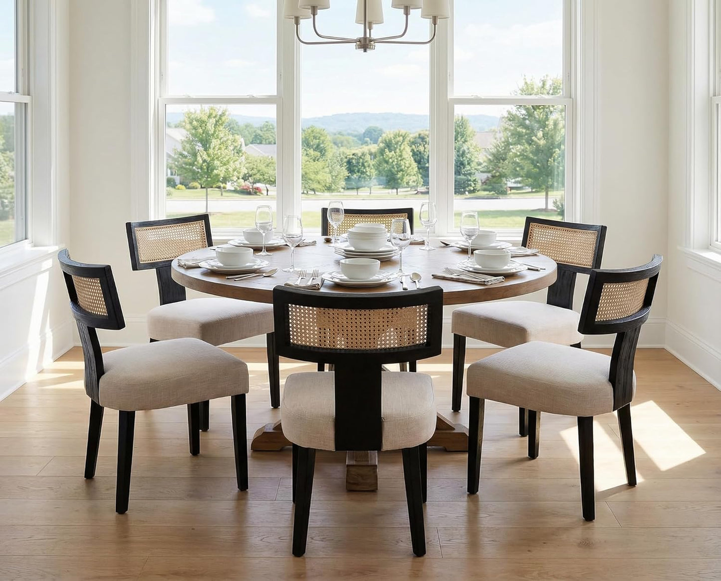 RIVOVA Rattan Dining Chairs Set of 6, Modern Dining Chair Kitchen Dining Room Chair, Curved Cane Back Upholstered Linen Fabric Dining Chair with Black Wood Frame, Beige