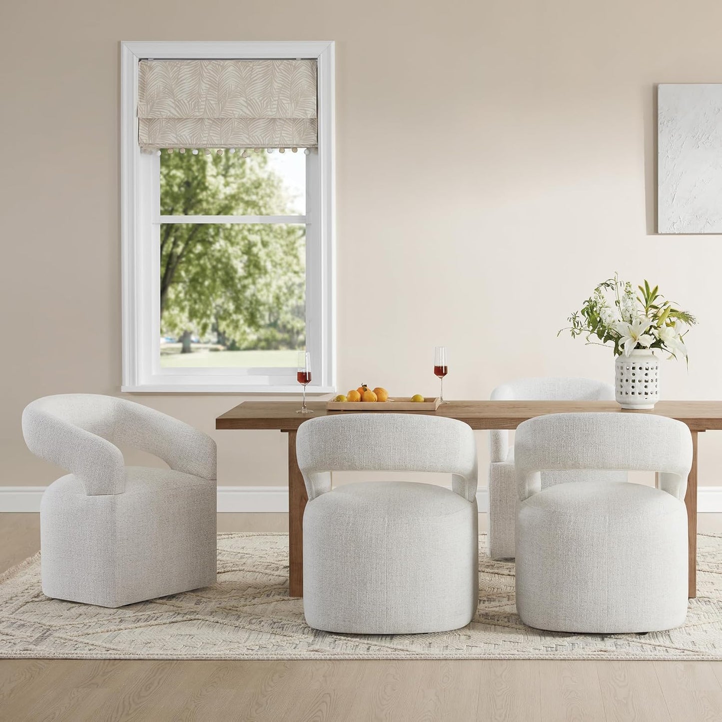 KISLOT Upholstered Dining Chairs with Casters, Modern Barrel Side Armchair with Rollers for Dining Room, Bedroom, Kitchen, Reading Room, Beige, Set of 4