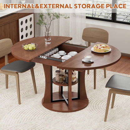 43.3''-59'' Extendable Round Dining Table for 4-8, Expandable Kitchen Table with Storage Shelf, Space Saving Circle Kitchen Table, Round Oval Dining Room Table for Living Room