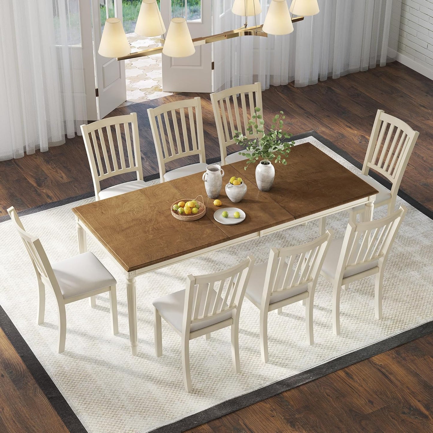 AMERLIFE 9-Piece Farmhouse Solid Wood Dining Table Set with 8 Upholstered Chairs, Roman Conical Legs, Seats up to 8, 79'' Dining Table & Chairs Set for Kitchen and Dining Room, Rustic Cream