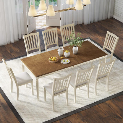 AMERLIFE 9-Piece Farmhouse Solid Wood Dining Table Set with 8 Upholstered Chairs, Roman Conical Legs, Seats up to 8, 79'' Dining Table & Chairs Set for Kitchen and Dining Room, Rustic Cream