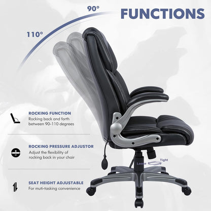 COLAMY High Back Executive Office Chair - Padded Leather Ergonomic Computer Desk Chair with Inflatable Lumbar Support & Flip-Up Arms, Adjustable Tilt Lock Swivel Task Chair for Home Office, Black