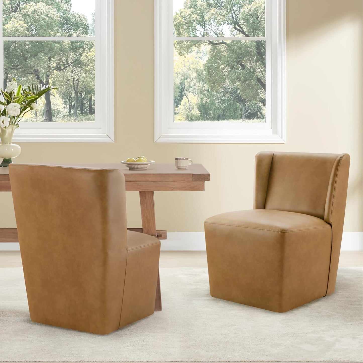 KISLOT Upholstered Dining Chairs Set of 4 with Casters, Wingback Modern Side Armless Deskchair with Rollers for Diningroom Bedroom Livingroom Reading Room, Brown Faux Leather
