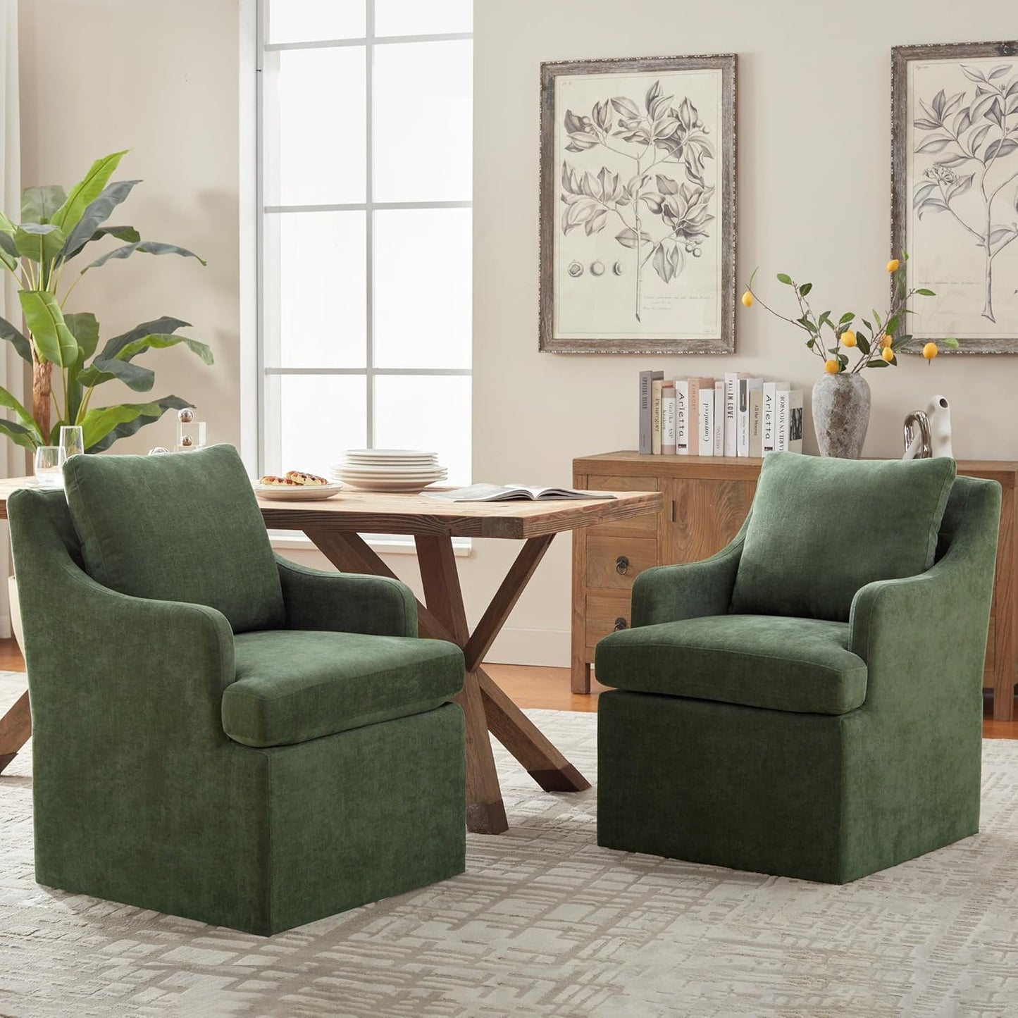 VKNOW Upholstered Dining Chairs Set of 4, Modern Kitchen Chairs Dinner Chairs with 4 Casters, Chenille Armchair for Bedroom Reading Room Living Room, Green