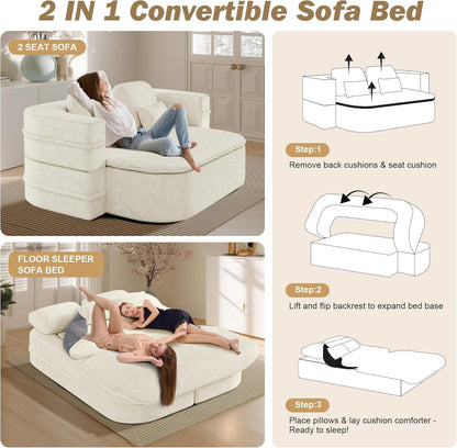 75'' Folding Sleeper Sofa Bed, Convertible Memory Foam Boneless Couch, Foldable Full Size Guest Bed, Modern 2-in-1 Futon Floor Sleeper Sofa with 4 Pillows and Blanket (Chenille, Beige1)