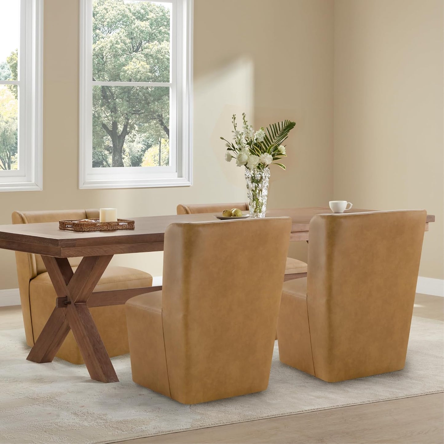 KISLOT Upholstered Dining Chairs Set of 4 with Casters, Wingback Modern Side Armless Deskchair with Rollers for Diningroom Bedroom Livingroom Reading Room, Brown Faux Leather