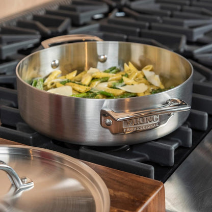 Viking 5-Ply Deep Frying Pan with Lid, 3.4 Quart Stainless Steel Saute Cooking Pot, Dishwasher and Oven Safe, Induction Ready, Satin Finish