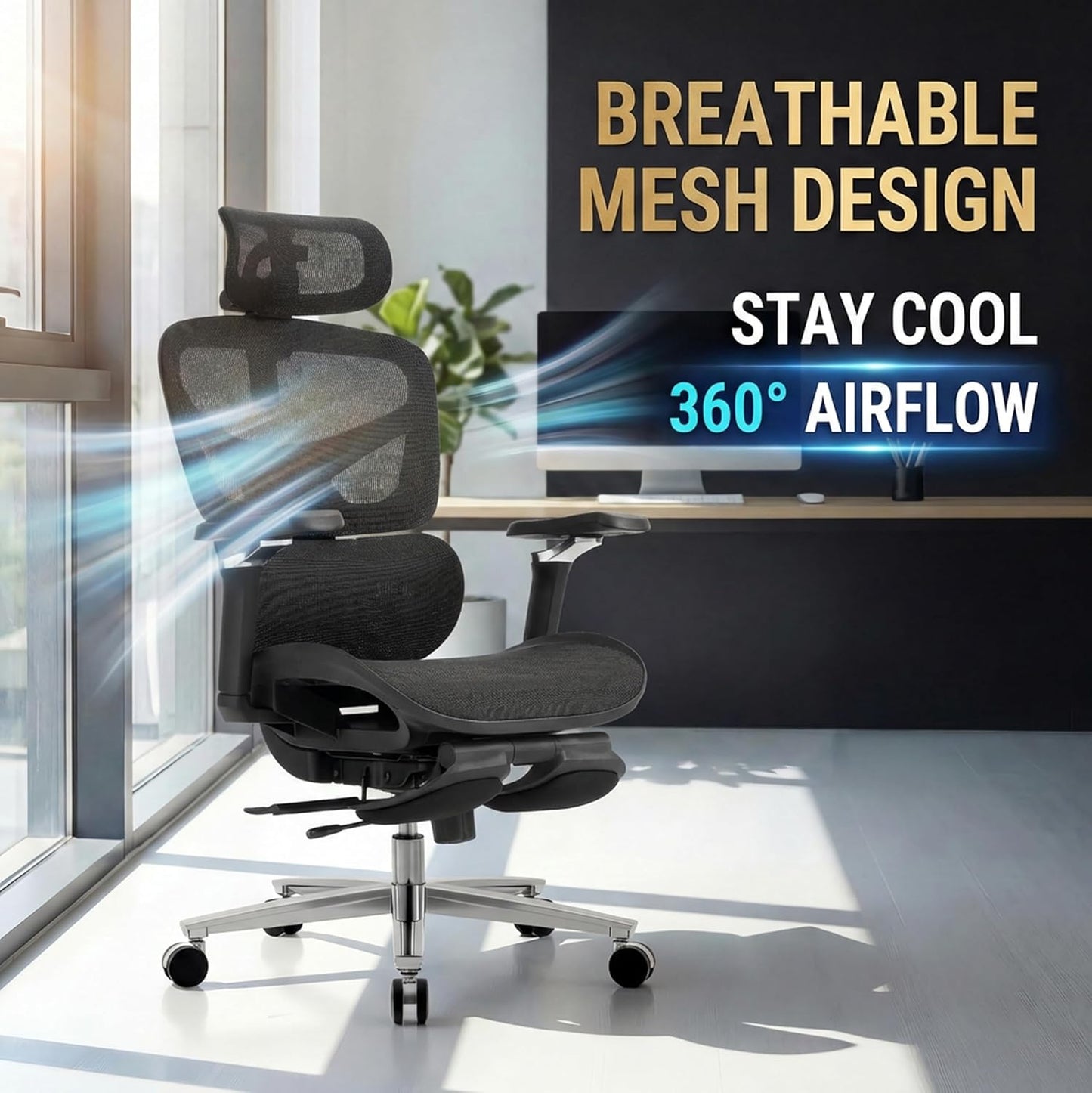 Ergonomic Office Chair with Footrest & 3D Massage Lumbar Support, Adjustable Seat Depth & Back Height,Big and Tall,400lbs, 4D Headrest, 6D Armrests, Reclining Office Chair for Home Office (Black)