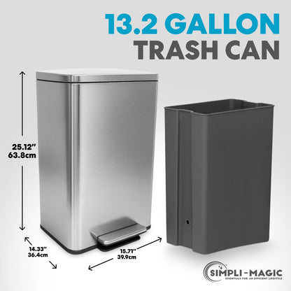 SIMPLI-MAGIC Soft-Close 50L Trash Can with Foot Pedal - Stainless Steel