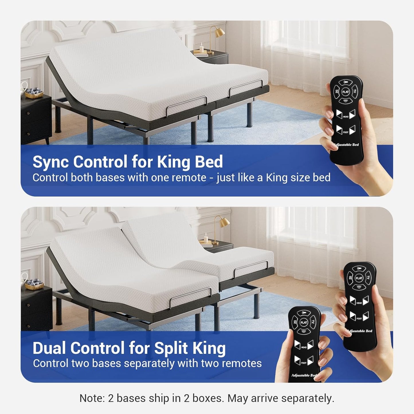 Tami Tami T450 Adjustable Bed Frame Split King (Sync Control as King) with Remote, Adjustable Base with Head&Foot Incline, Zero Gravity, Nightlight, Quiet Motor, Height-Adjustable Legs, Easy Assembly