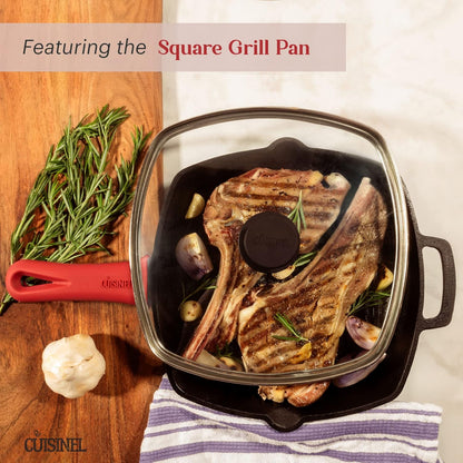Cuisinel Cast Iron Cookware 18-Piece Set - Pre-Seasoned 6" + 8" + 10" + 12" Skillet + Grill Pan+Lid + Griddle + Pizza Pan + Dutch Oven+Pan Cover + Panrack + Silicone Handle Grips + Pan Scraper/Cleaner