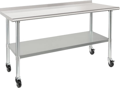 HARDURA Stainless Steel Table 24 x 60 Inches with Wheels Casters NSF Heavy Duty Commercial Prep Table with 2” Backsplash and Adjustable Undershelf for Restaurant Kitchen Home and Hotel