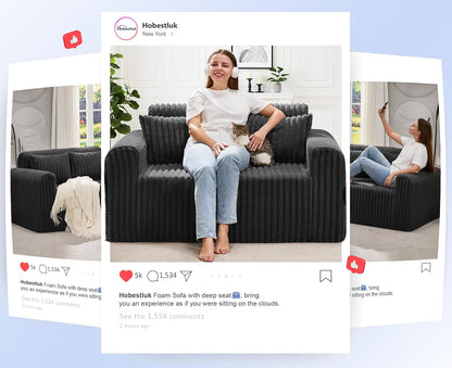 Hobestluk Couch Sofa 2-Seater Foam Sofa Loveseat for Small Spaces Comfy Sofas with Removable Cover Furry Couch with Pillows for Living Room, Bedroom, Apartment, Office (Black, Loveseat)