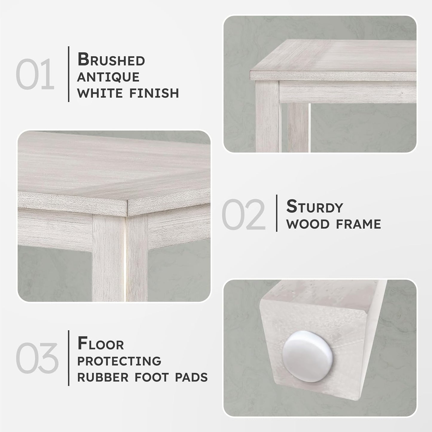 Lexicon 60" Farmhouse Dining Table for 4-6 People, Solid Wood Frame Acacia Veneer Rectangular Kitchen Table, for Kitchen, Dining Room, Living Room, Assembly Required, Brushed Antique White Finish