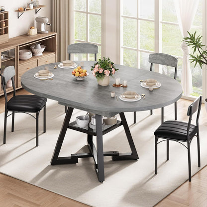 43''-57'' Extendable Round Dining Table for 4-6, Modern Industrial Kitchen Oval Dining Table with Removable Leaves, Space Saving Pedestal Base with Storage Shelf for Kitchen Living Room (Grey)