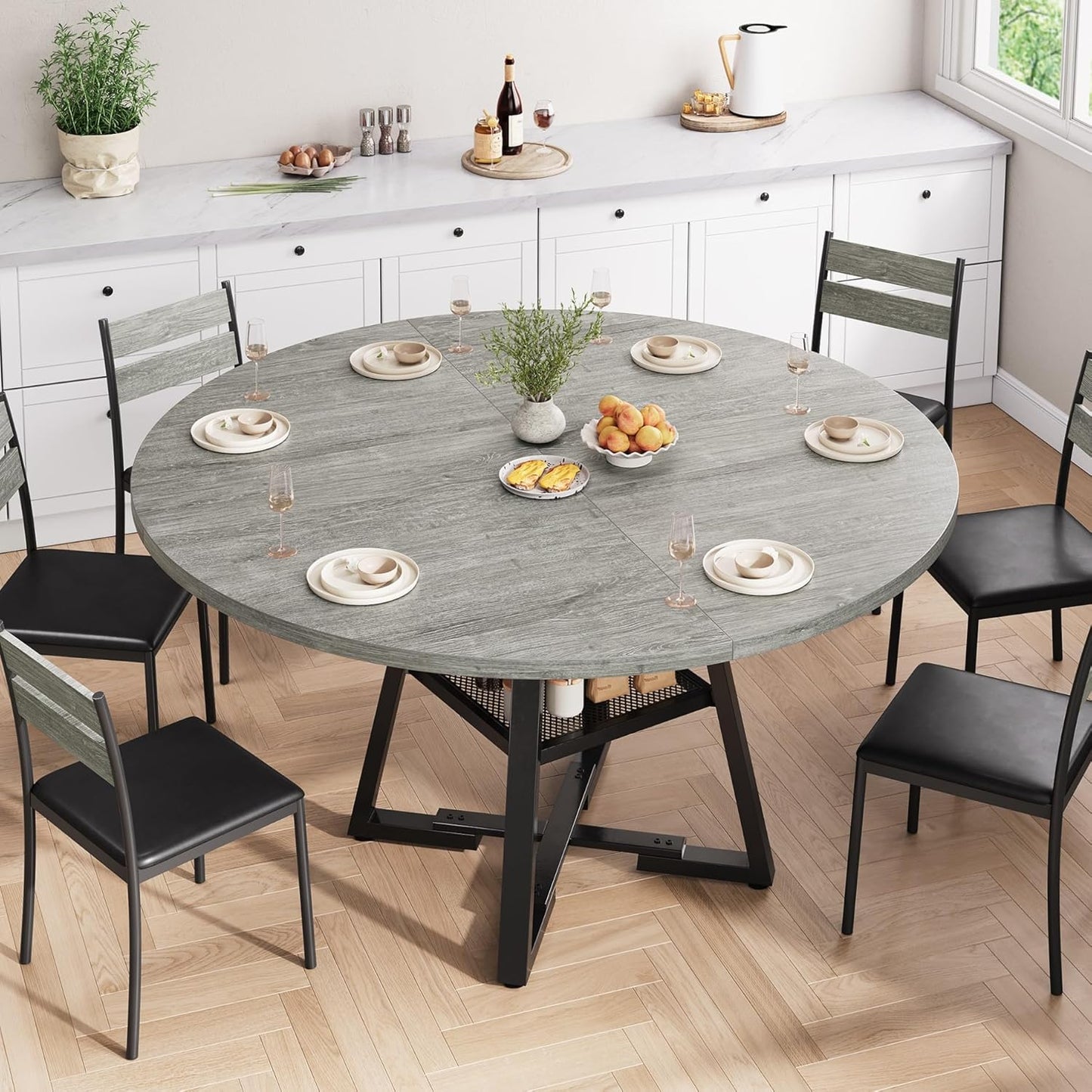 Jocoevol 51" Round Dining Table for 6,Kitchen Dining Room Circle Dinner Pedestal Table,Space Saving Wood Kitchen & Dining Room Furniture (Grey, 51In)
