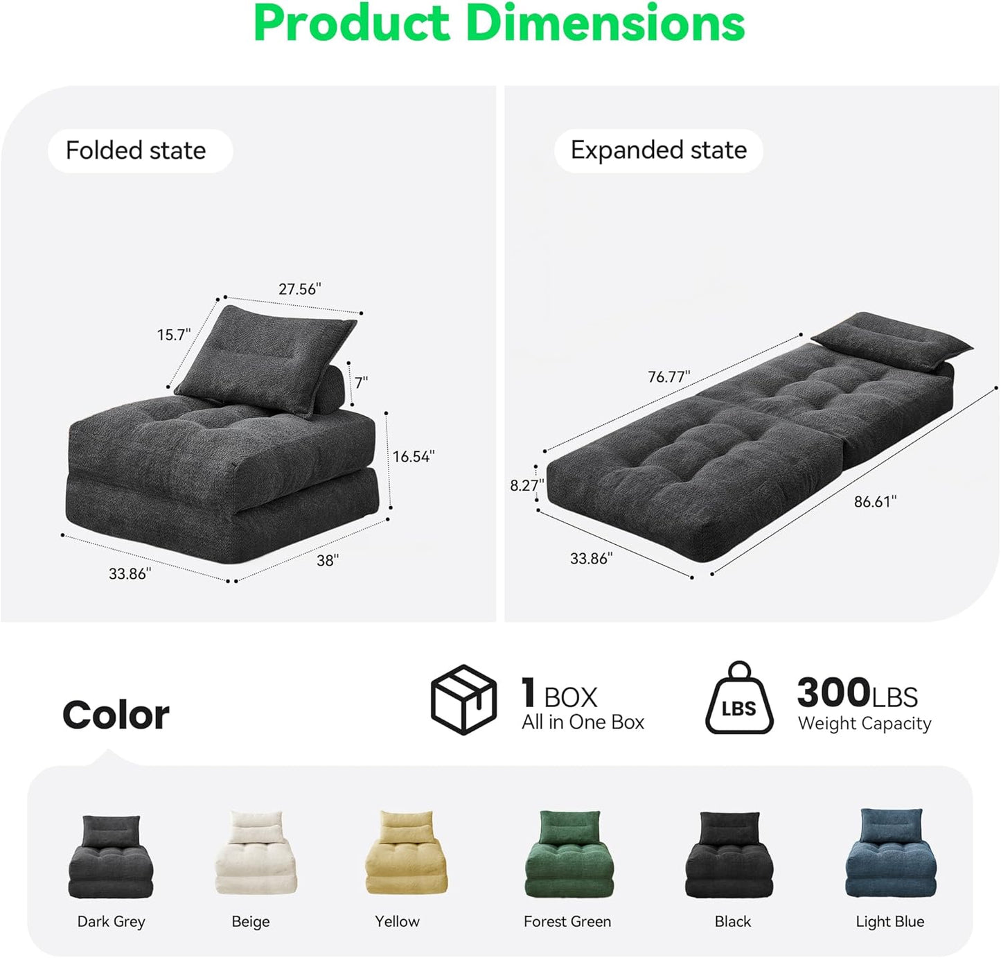 MONVANE Folding Sofa Bed, Fold Out Chair Bed with Pillow, Convertible Sleeper Chair for Living Room/Small Spaces, Foldable Lazy Sofa Bed Floor Chair, Comfy Teddy Velvet Couch Bed, Dark Grey