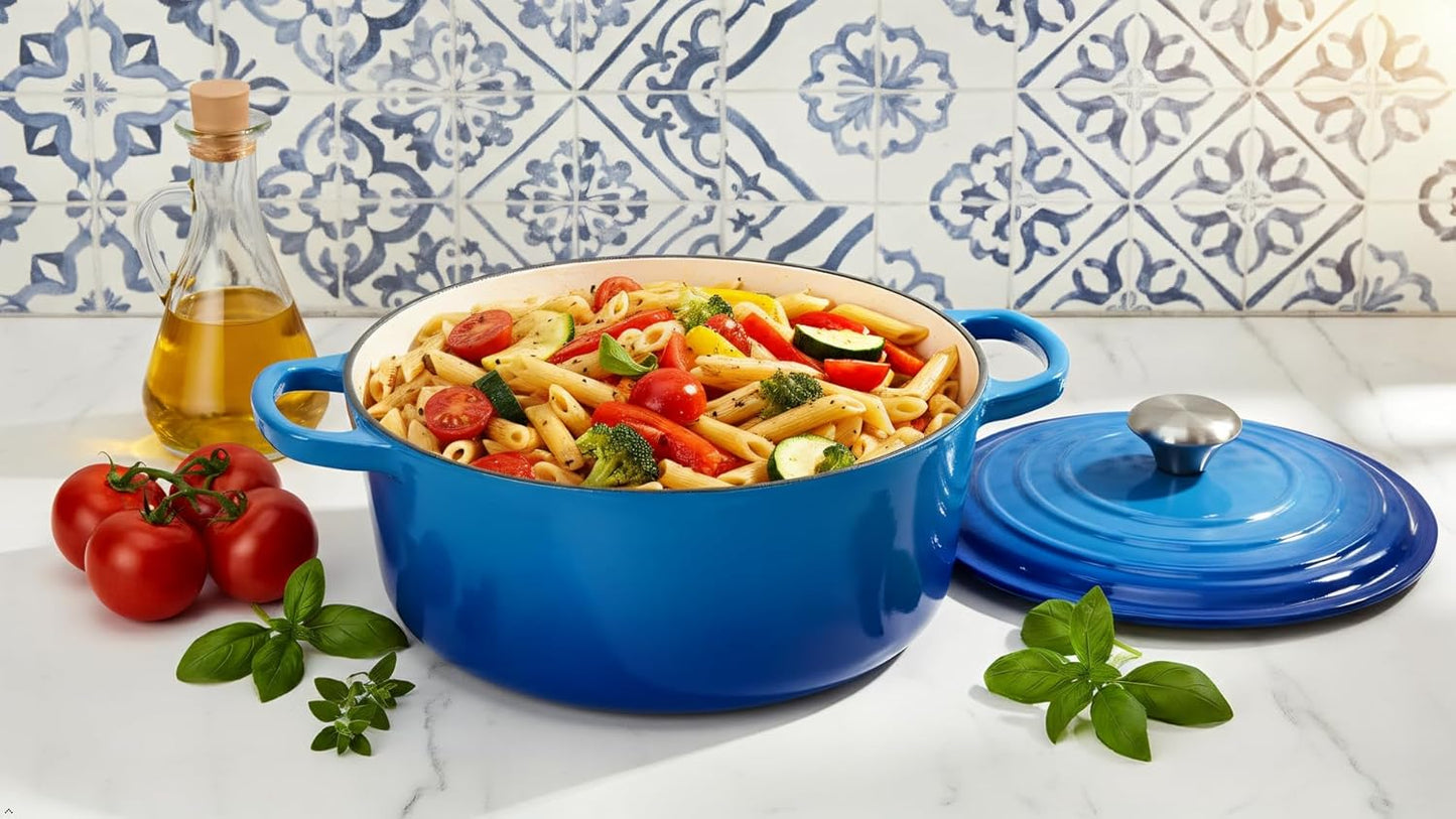 Cast Iron Dutch Oven Pot with Lid – Deep Cooking Pot for Bread, Stews, Casseroles – Oven Safe Cookware, Kitchen Essential & Wedding Gift – Compatible with All Heat Sources (Blue)
