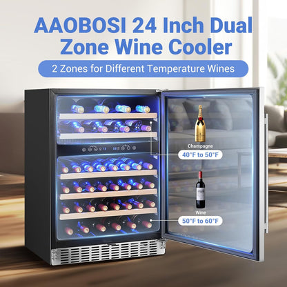 AAOBOSI Wine Fridge Cooler, 46 Bottles,24 inch Dual Zone Wine Cooler Under Counter with Adjustable Shelves,Built-in or Freestanding Wine Refrigerators for Home,Office,Bar