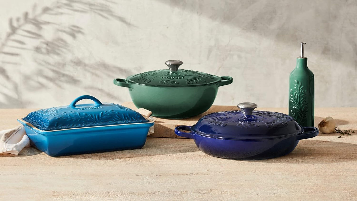 Le Creuset Olive Branch Collection Enameled Cast Iron Signature Braiser, 3.5 qt., Indigo with Embossed Lid