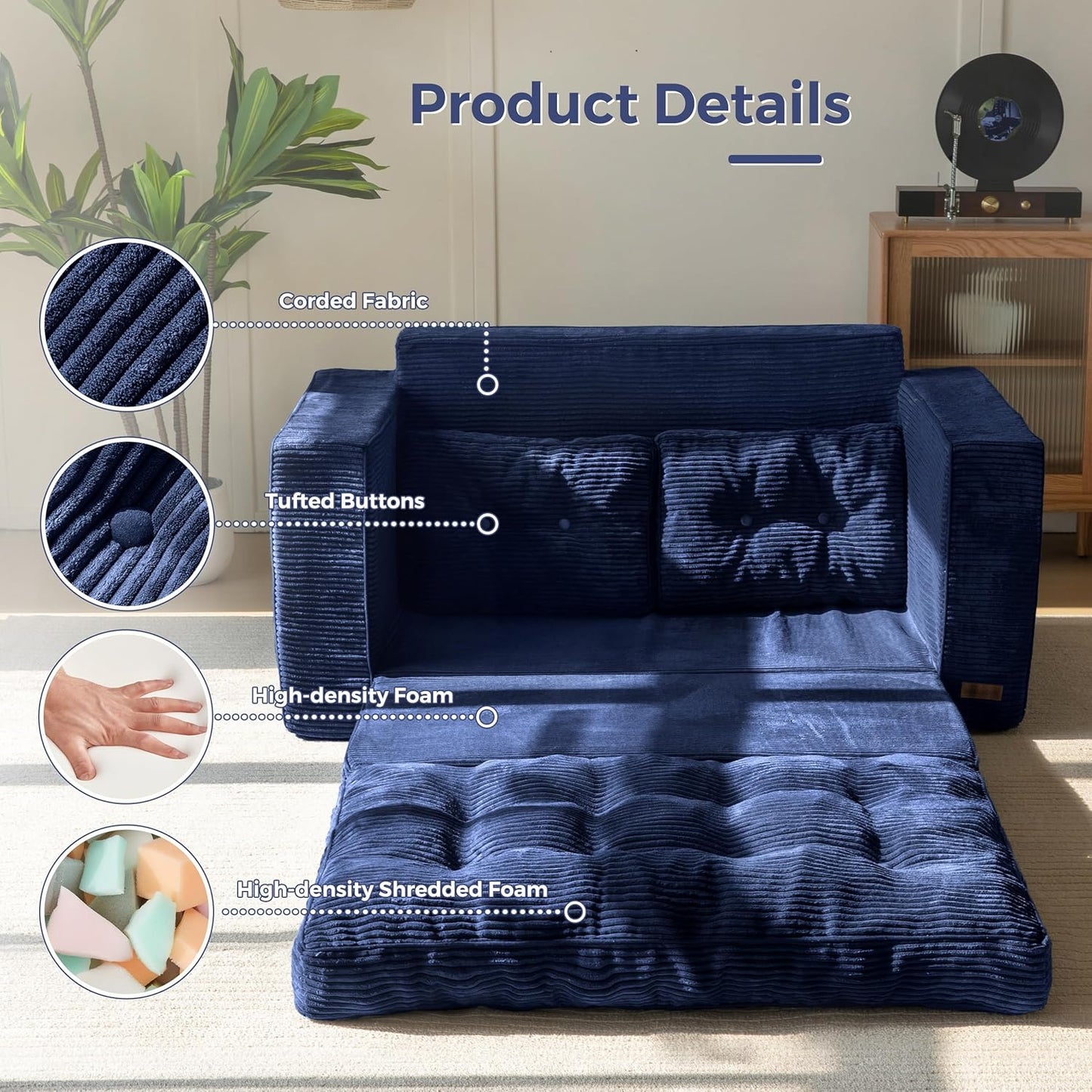 MAXYOYO Convertible Sofa Bed, Pull Out Loveseat Sleeper Sofa, Folding Couch Bed with Pillows for Living Room, Navy