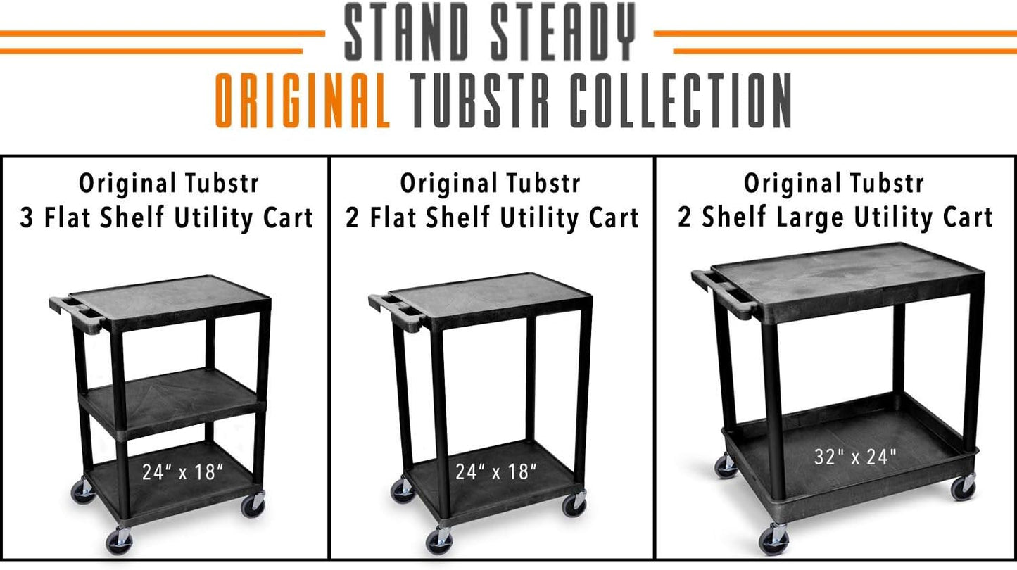 Stand Steady Tubstr 3 Flat Shelf Printer Cart, Compact and Heavy-Duty Utility Storage - Supports up to 300 lbs, Great for Home, Office, Warehouse, 28 x 18 in Tool Table, Moves Cargo Easily (Black)