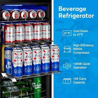 FoMup Beverage Refrigerator 17 inch Wide - 126 Can Beverage Cooler with Glass Door | Counter-Top/Freestanding Mini Beverage Beer Fridge | Temperature Memory | Invisible Door | Perfect for Soda, Beer