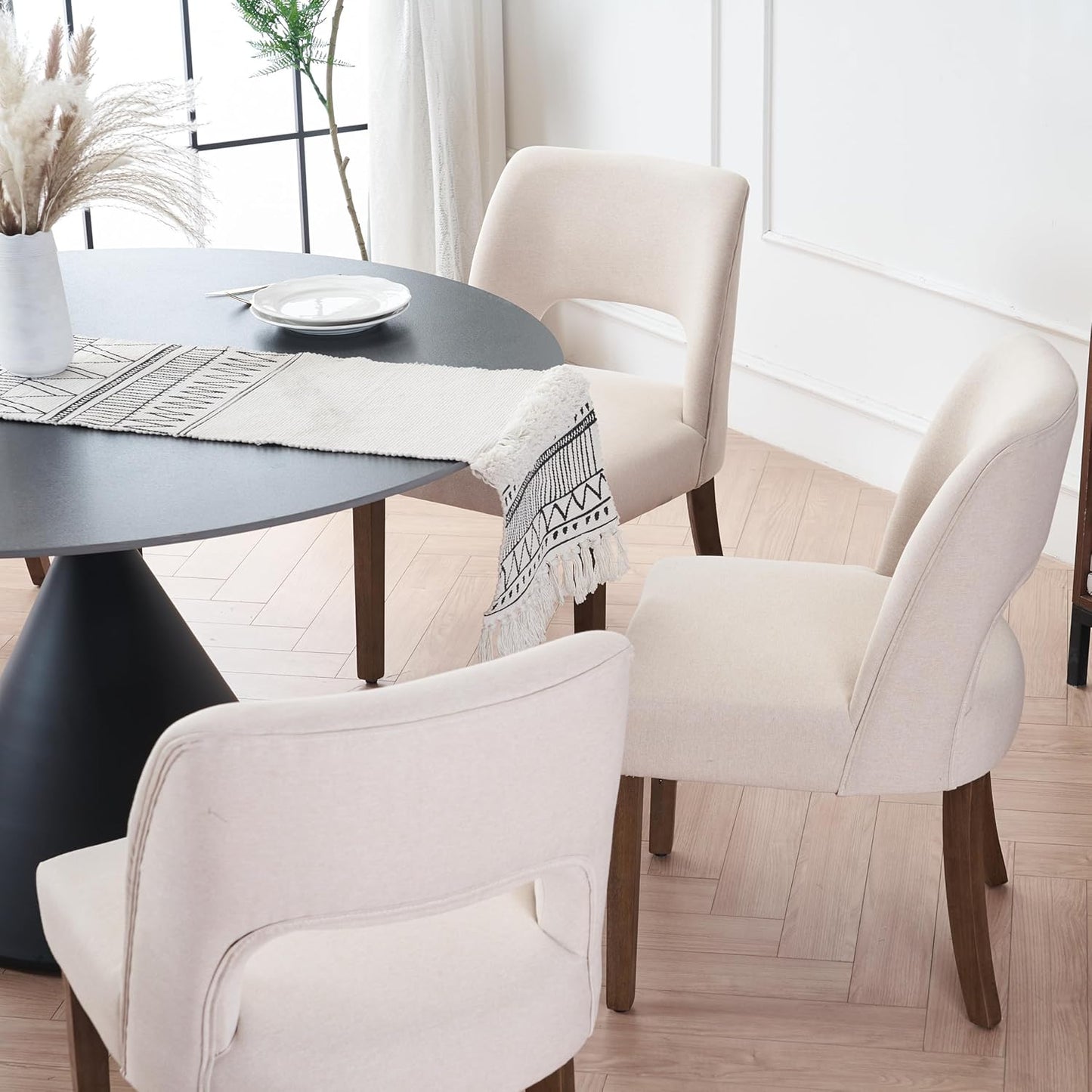 VKNOW Wooden Dining Chairs Set of 6, Modern Fabric Upholstered Dining Room Chair Kitchen Chairs, Farmhouse Dinner Chair for Kitchen Dining Room, Beige