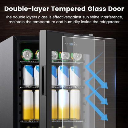 17 Inch Black Beverage Refrigerator Cooler, 96 Cans Mini Fridge with Glass Door&Lock, Beer Fridge for Soda Water or Wine, Drink Refrigerator for Home Office Bar Bedroom
