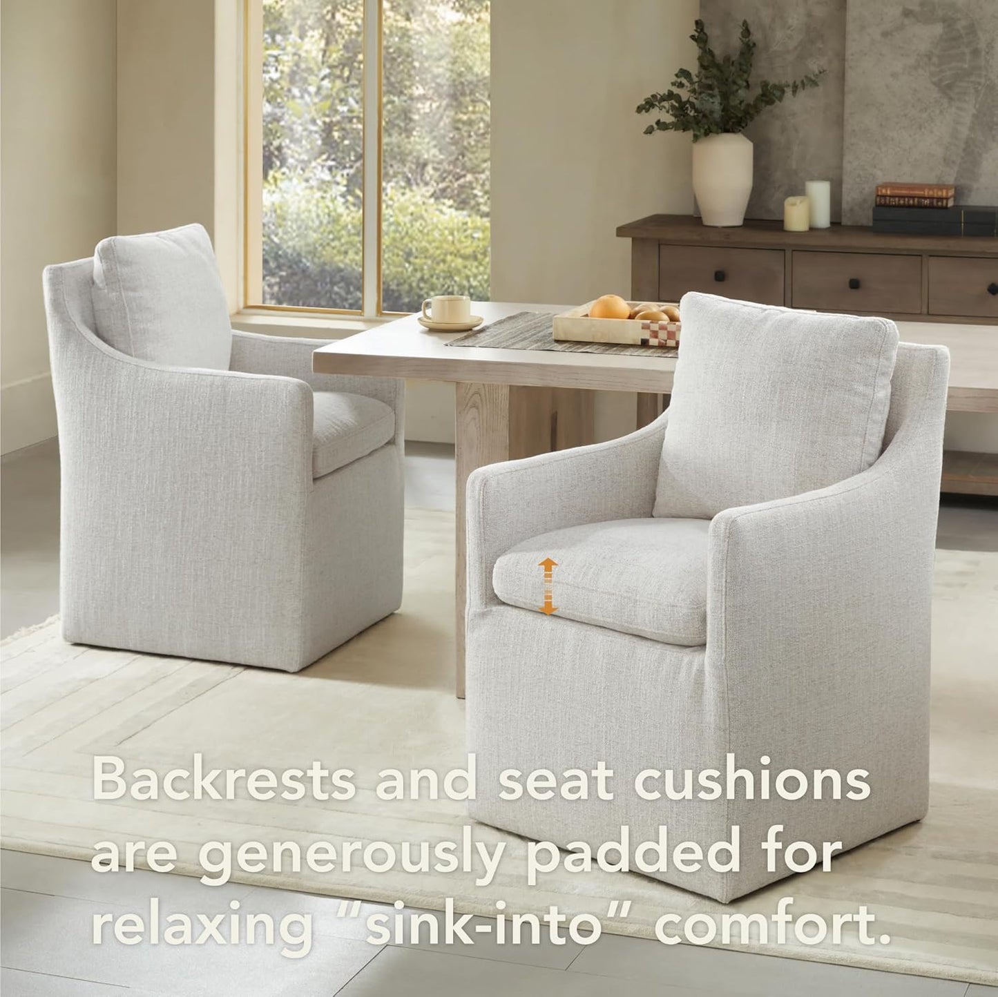 KISLOT Upholstered Dining Chairs with Casters, No Assembly Modern Accent Armchair with Rollers for Dining Room, Bedroom, Living Room, Reading Room, Already Assembled, Linen, 2 Box