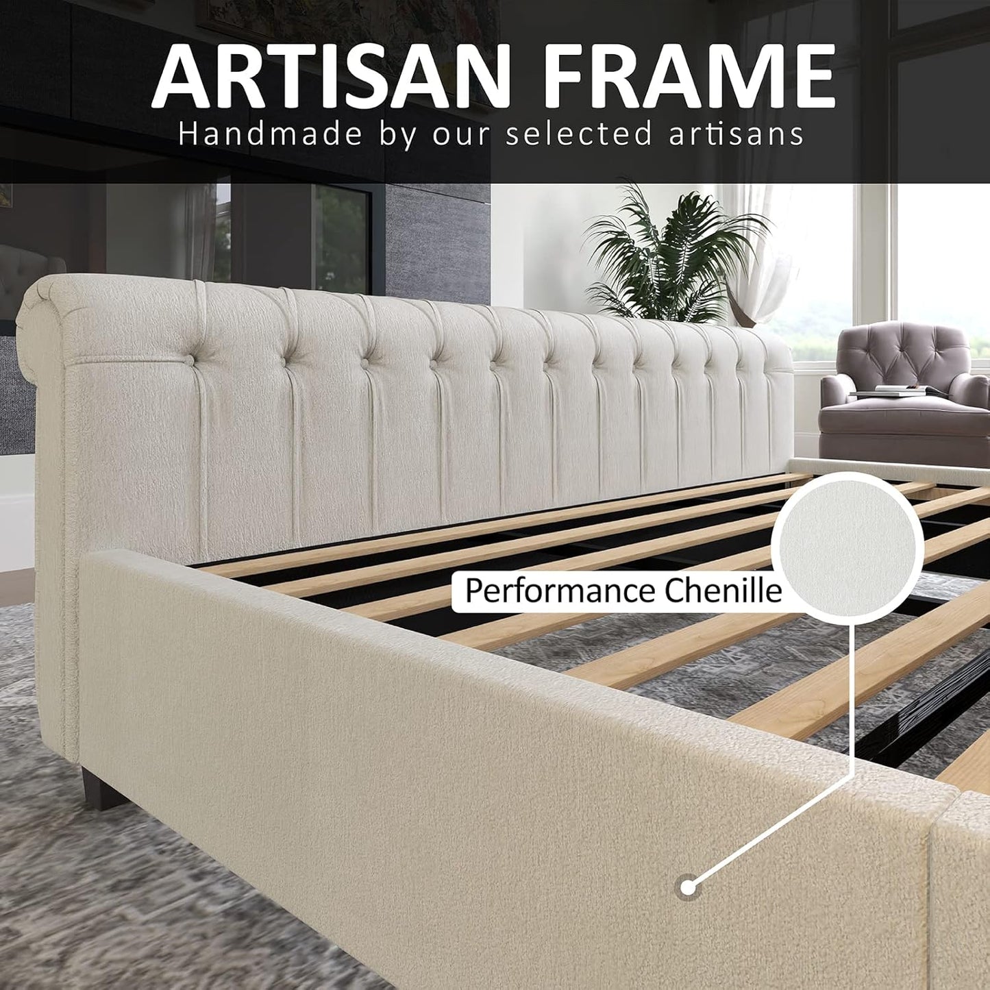 AMERLIFE King Size Platform Bed Frame, Chenille Upholstered Sleigh Bed with Scroll Wingback Headboard & Footboard/Button Tufted/No Box Spring Required/Cream