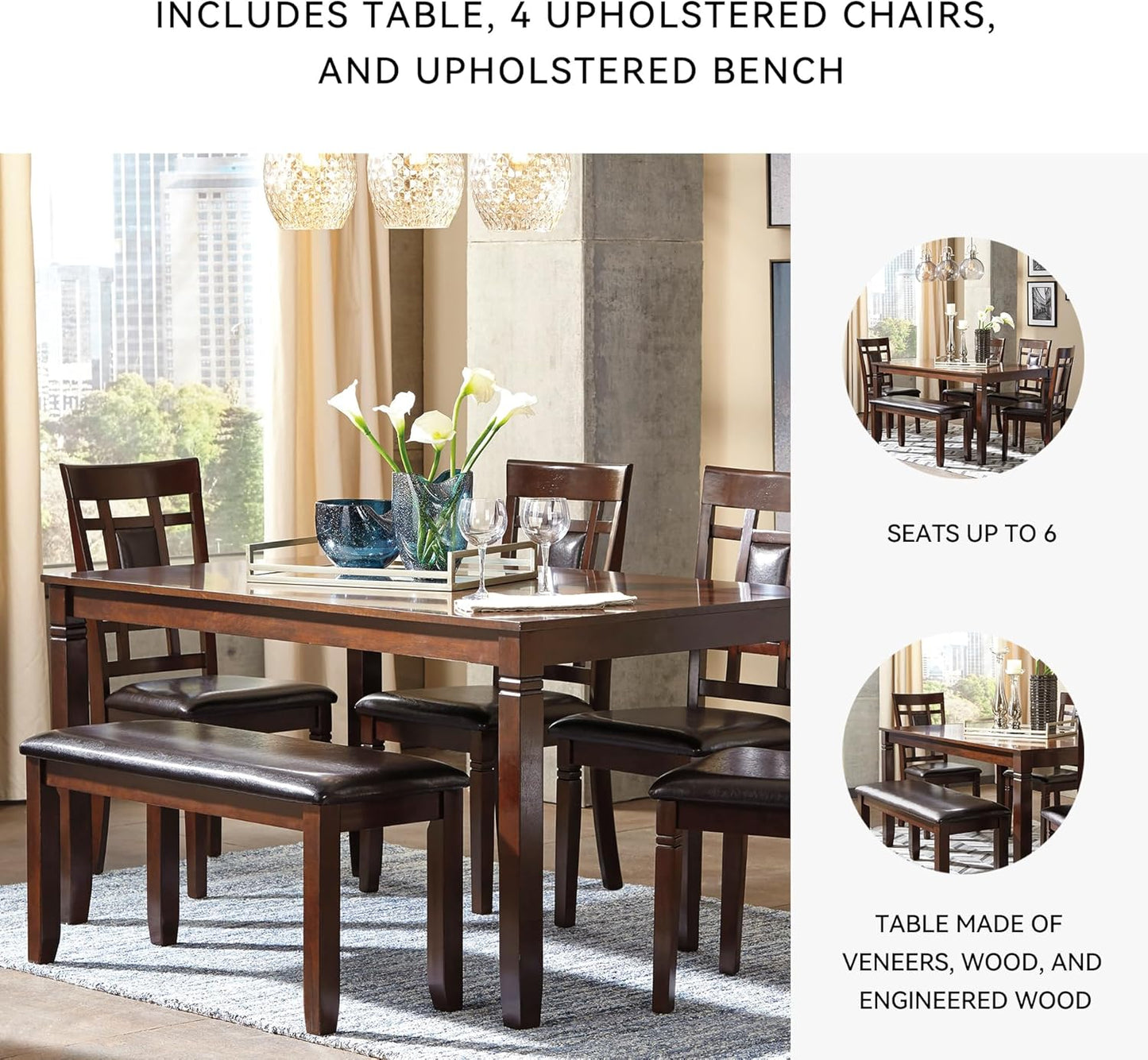 Signature Design by Ashley Bennox 6 Piece Dining Set with Upholstered Bench, Table & 4 Upholstered Chairs, Seats 6, Wood, Brown