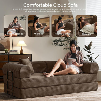 79" Convertible Sofa Bed with Fixed-Shape Frame & Removable Armrests, Modular Corduroy Sleeper Sofa, Folding Mattress Couch for Small Spaces - No Assembly Needed in Brown (Includes 2 Pillows)