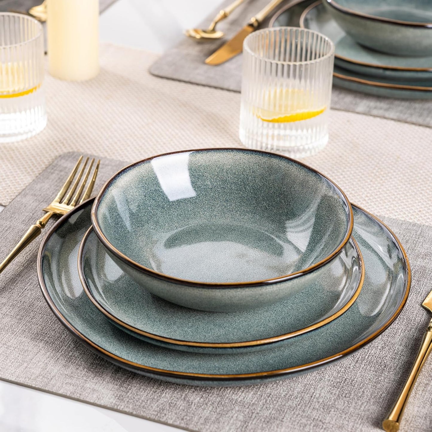 AmorArc Ceramic Dinnerware Sets,Handmade Reactive Glaze Stoneware Plates and Bowls Sets,Highly Scratch Resistant | Dishwasher & Microwave Safe Dishes Set,Service for 4 (12pc)