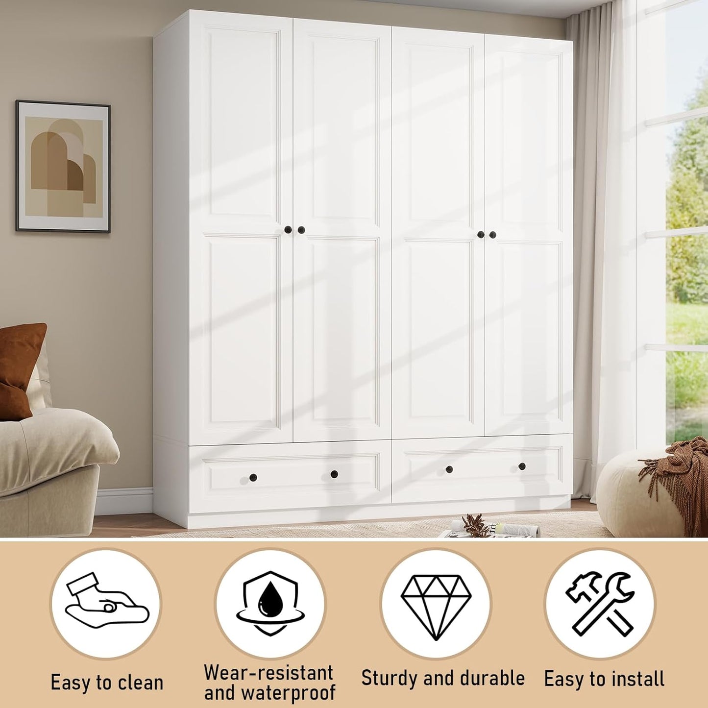 Armoire Wardrobe Closet with Drawers: 74" White Tall Wooden Wardrobe Closet for Hanging Clothes, Large Bedroom Armoires with 2 Drawers, 4 Door Armoire Storage Cabinet (White, 63")