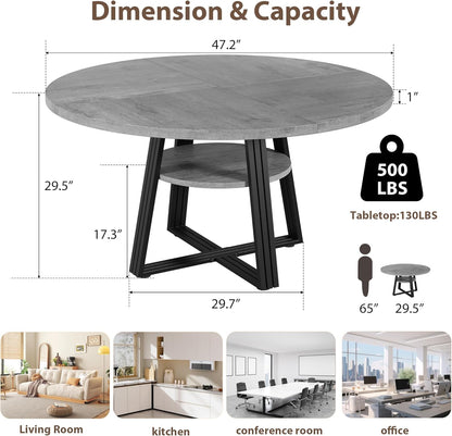 GarveeHome 47 Inch Round Dining Table for 4-6, Farmhouse Pedestal Kitchen Table with Storage Shelf, Space-Saving Circle, for Kitchen, Dining Room, Living Room, Apartment, Table Only- Grey